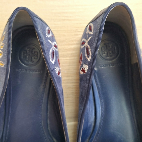 Tory Burch Blue Leather Floral Embroidered Smoking Loafers Slippers - Size 7.5 - Picture 4 of 9